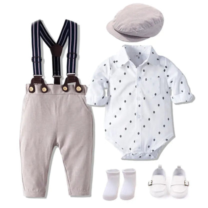 Baby Boy Birthday Gentleman Romper Clothes Set with Hat Cotton Spring Fall Toddler Kid Printed Bodysuit Dress Infant Outfit Suit by All Mart Bristol Ltd