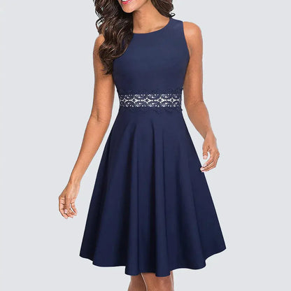 Women Vintage Casual Round Neck A line Summer Elegant Floral Lace Patchwork Sleeveless Tunic Party Swing Dress HA079 by All Mart Bristol Ltd
