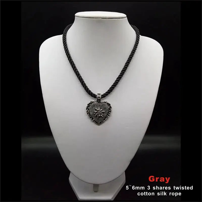 Bavarian Drawstring Cord Necklace Heart Edelweiss Pendant Ladies Costume Oktoberfest Jewelry Taditional German Pendant Necklace by All Mart Bristol Ltd