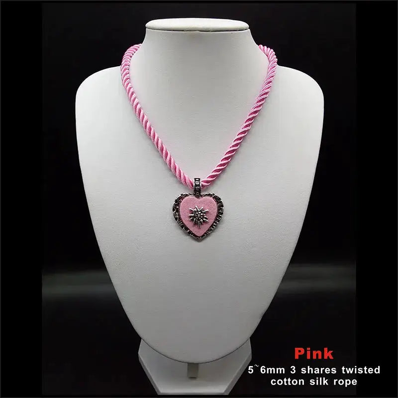 Bavarian Drawstring Cord Necklace Heart Edelweiss Pendant Ladies Costume Oktoberfest Jewelry Taditional German Pendant Necklace by All Mart Bristol Ltd