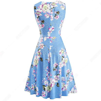 Women Vintage Casual Round Neck A line Summer Elegant Floral Lace Patchwork Sleeveless Tunic Party Swing Dress HA079