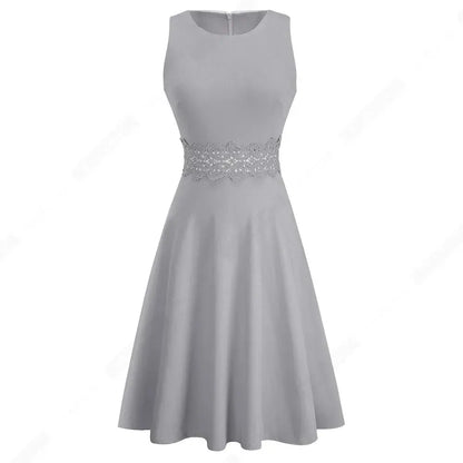 Women Vintage Casual Round Neck A line Summer Elegant Floral Lace Patchwork Sleeveless Tunic Party Swing Dress HA079 by All Mart Bristol Ltd