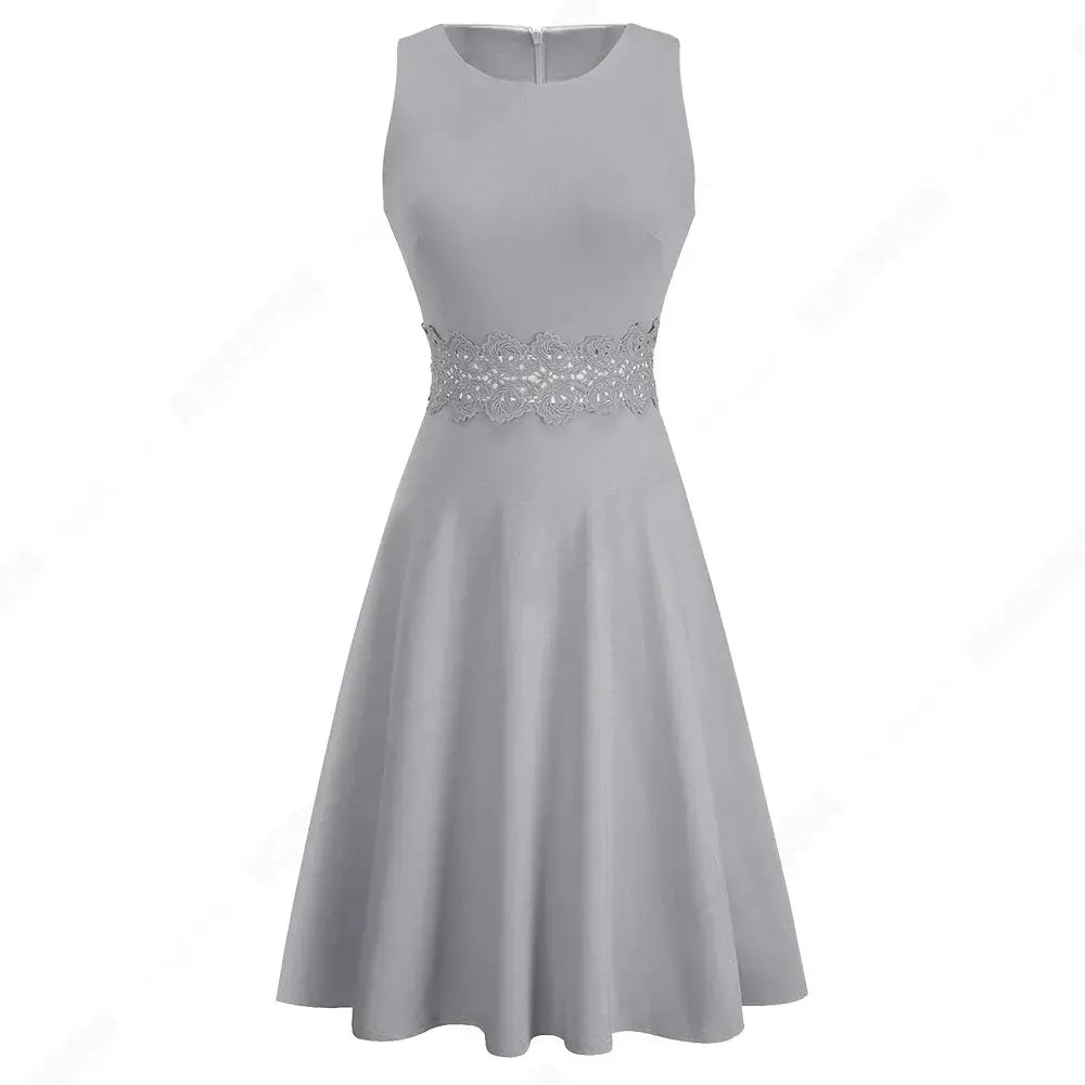 Women Vintage Casual Round Neck A line Summer Elegant Floral Lace Patchwork Sleeveless Tunic Party Swing Dress HA079 by All Mart Bristol Ltd
