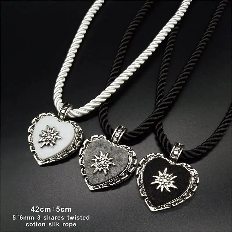 Bavarian Drawstring Cord Necklace Heart Edelweiss Pendant Ladies Costume Oktoberfest Jewelry Taditional German Pendant Necklace by All Mart Bristol Ltd