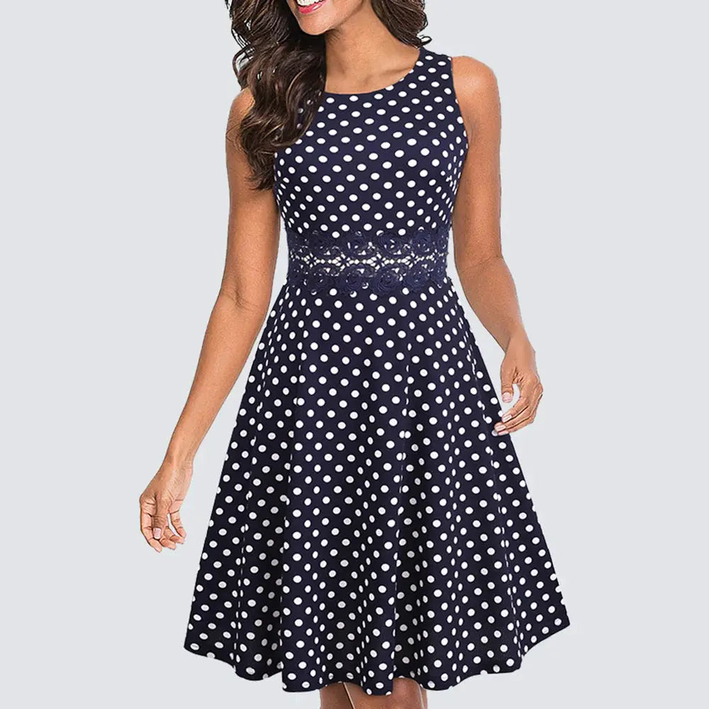 Women Vintage Casual Round Neck A line Summer Elegant Floral Lace Patchwork Sleeveless Tunic Party Swing Dress HA079 by All Mart Bristol Ltd