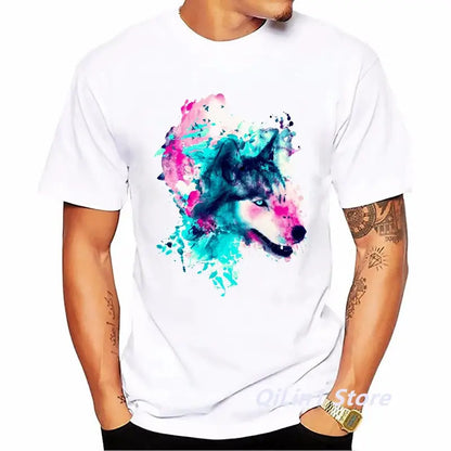 Watercolor Lion/Wolf/Owl/Tiger/Deer Animal Print Tee Shirt Homme Summer Top Male White Short Sleeve T-Shirt Men Hip Hop T Shirt by All Mart Bristol Ltd