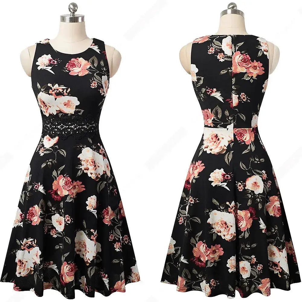 Women Vintage Casual Round Neck A line Summer Elegant Floral Lace Patchwork Sleeveless Tunic Party Swing Dress HA079