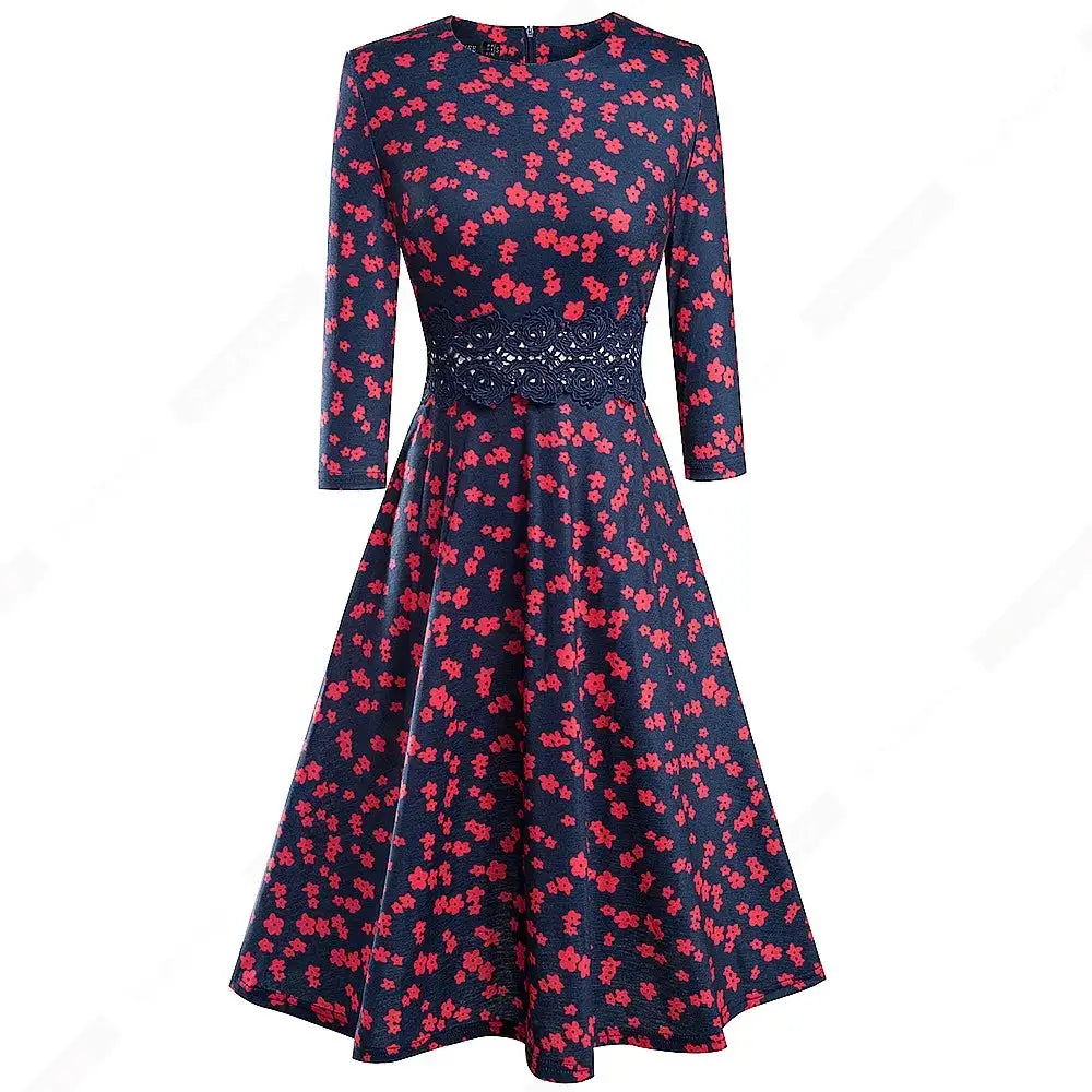 Women Vintage Casual Round Neck A line Summer Elegant Floral Lace Patchwork Sleeveless Tunic Party Swing Dress HA079