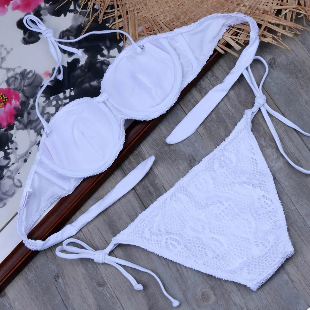 Bikini Solid Strappy Bandage Bikinis Set White Push Up Bikini Swimwear Bandeau Brazilian Swimsuit Bathing Suit Maillot De Bain by All Mart Bristol Ltd