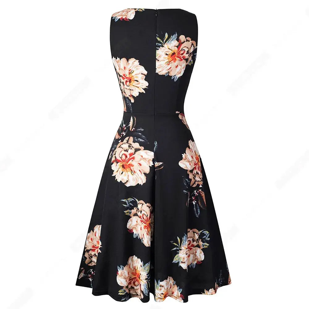 Women Vintage Casual Round Neck A line Summer Elegant Floral Lace Patchwork Sleeveless Tunic Party Swing Dress HA079