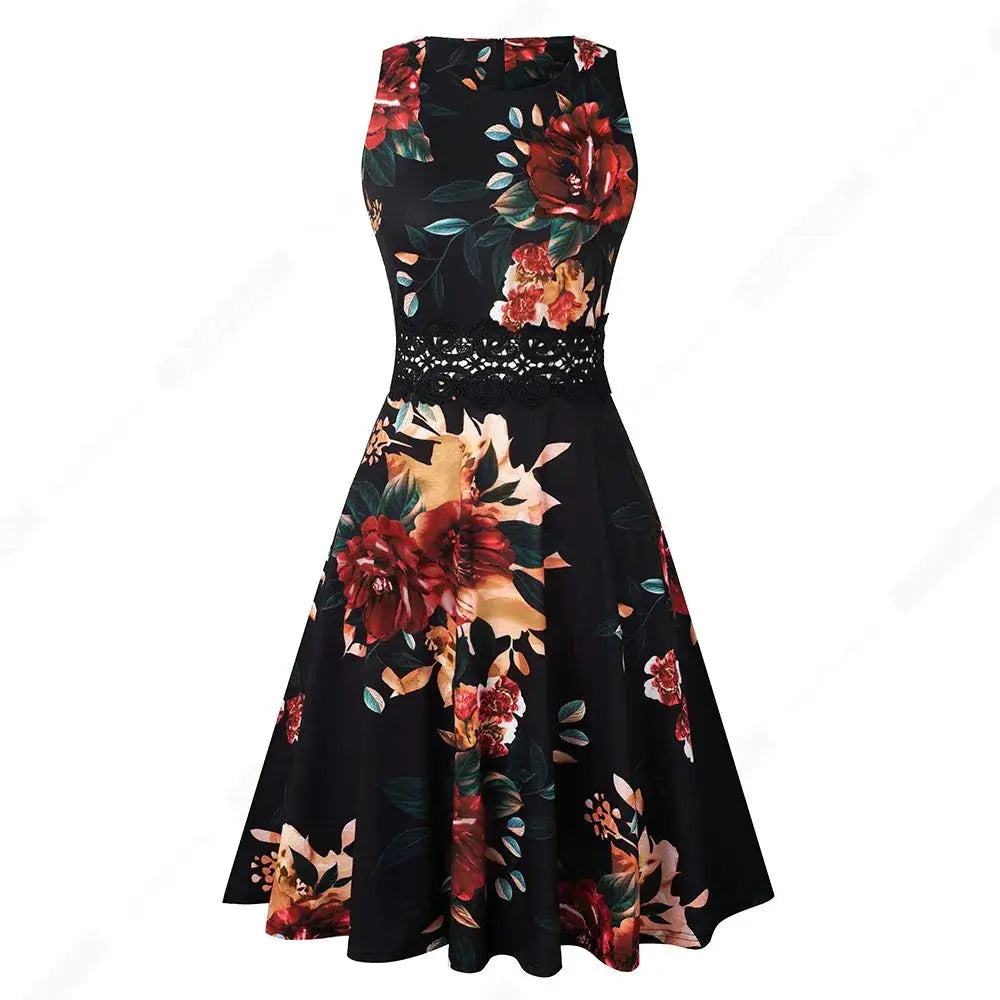 Women Vintage Casual Round Neck A line Summer Elegant Floral Lace Patchwork Sleeveless Tunic Party Swing Dress HA079 by All Mart Bristol Ltd