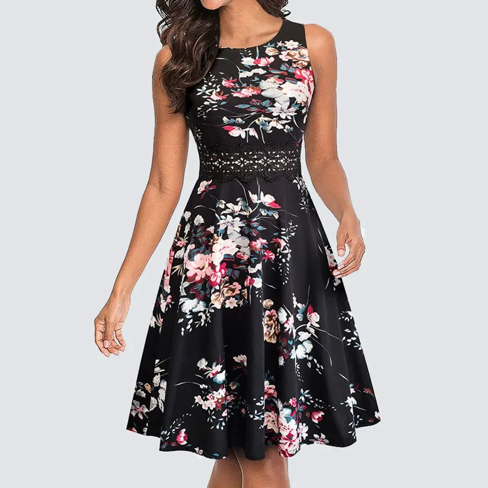Women Vintage Casual Round Neck A line Summer Elegant Floral Lace Patchwork Sleeveless Tunic Party Swing Dress HA079 by All Mart Bristol Ltd