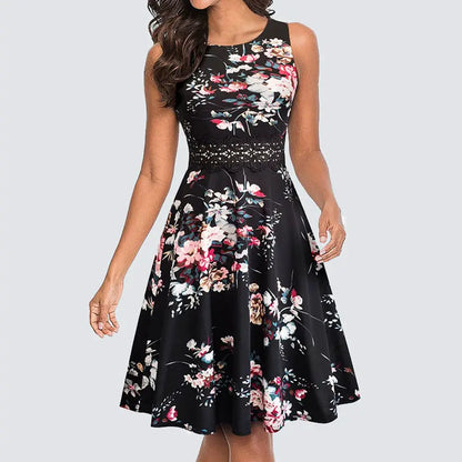 Women Vintage Casual Round Neck A line Summer Elegant Floral Lace Patchwork Sleeveless Tunic Party Swing Dress HA079 by All Mart Bristol Ltd