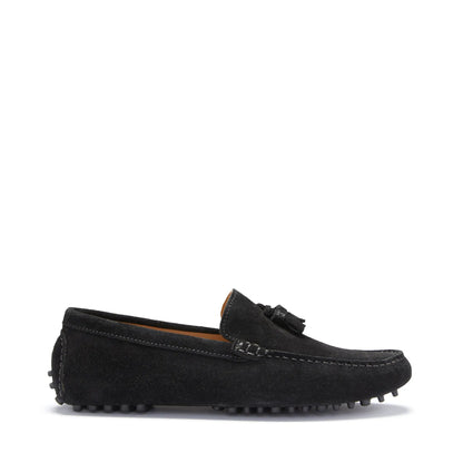 Tasselled Driving Loafers, black suede by Hugs & Co.