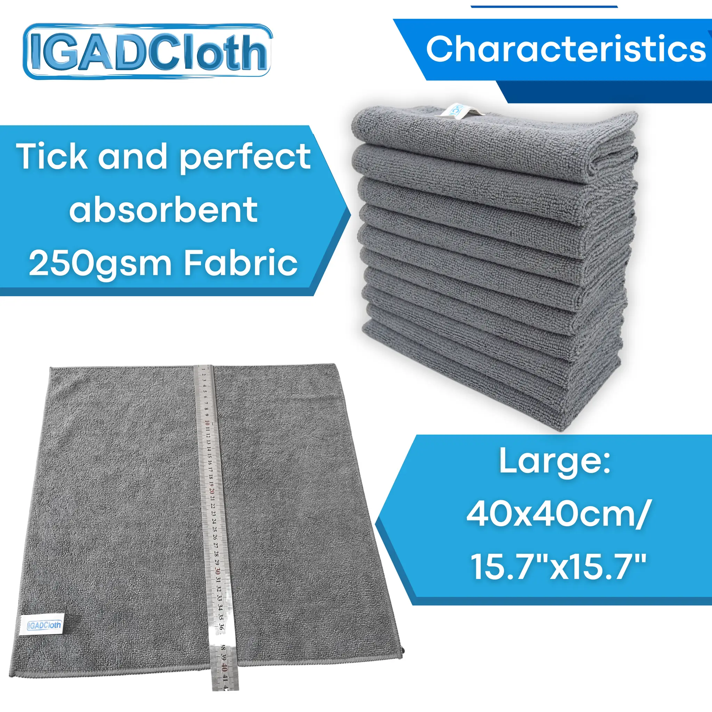 IGADCloth Grey Microfiber Sets, Cleaning Cloths 40x40cm 250gsm + 1 Free Glass Cloth by IGADCloth