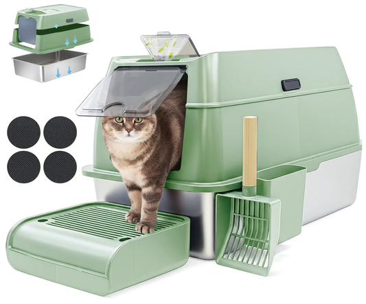 IGAD XXL Stainless Steel Cat Litter Box – High Sides, Non-Stick, Easy Clean, Odour Control, Removable Lid & Scoop (Green) by IGAD