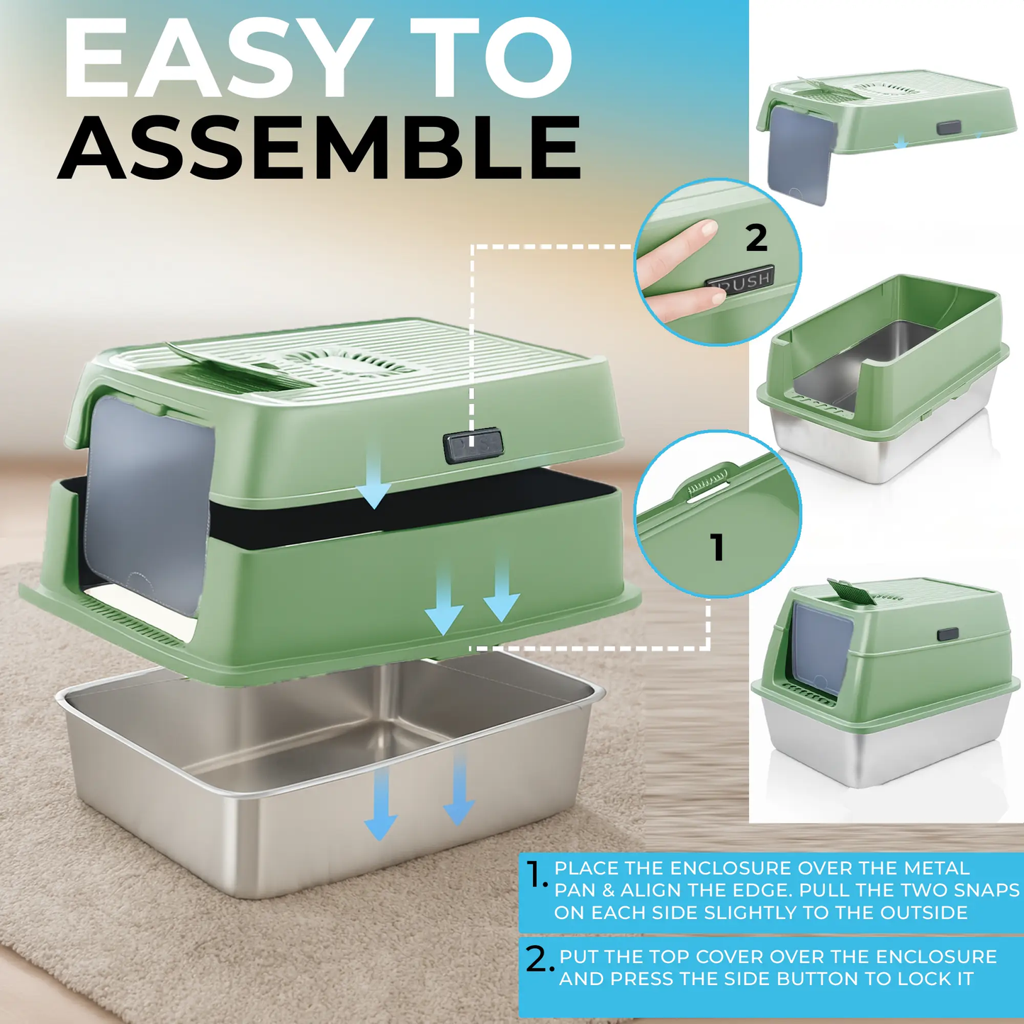 IGAD XXL Stainless Steel Cat Litter Box – High Sides, Non-Stick, Easy Clean, Odour Control, Removable Lid & Scoop (Green) by IGAD