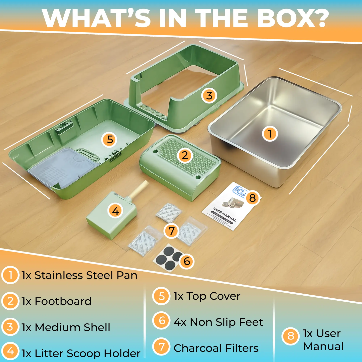 IGAD XXL Stainless Steel Cat Litter Box – High Sides, Non-Stick, Easy Clean, Odour Control, Removable Lid & Scoop (Green) by IGAD