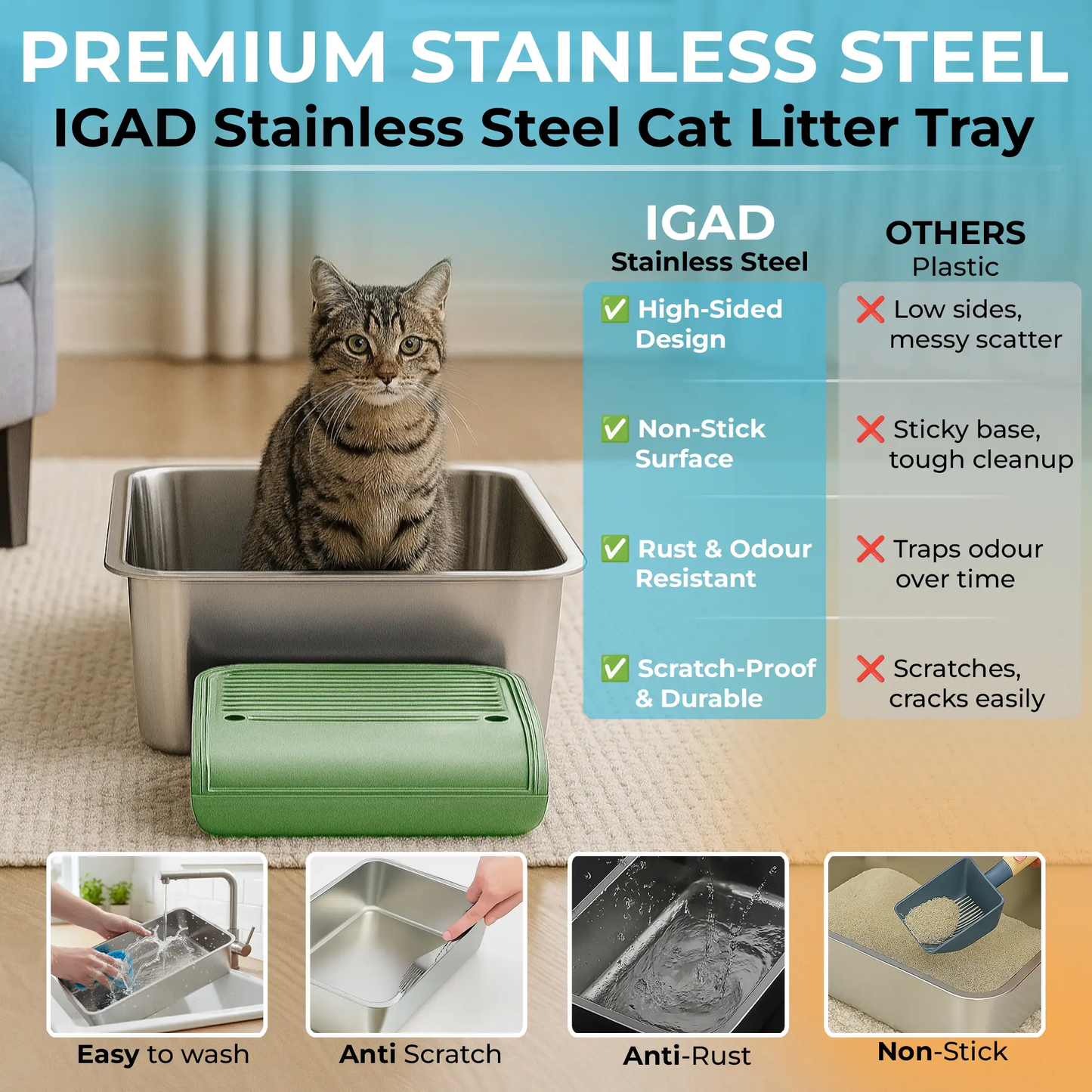 IGAD XXL Stainless Steel Cat Litter Box – High Sides, Non-Stick, Easy Clean, Odour Control, Removable Lid & Scoop (Green) by IGAD