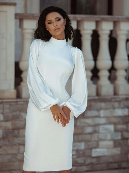 Elegant Beige Midi Dress with Puff Sleeves by GLOWSYOU Women’s Fashion