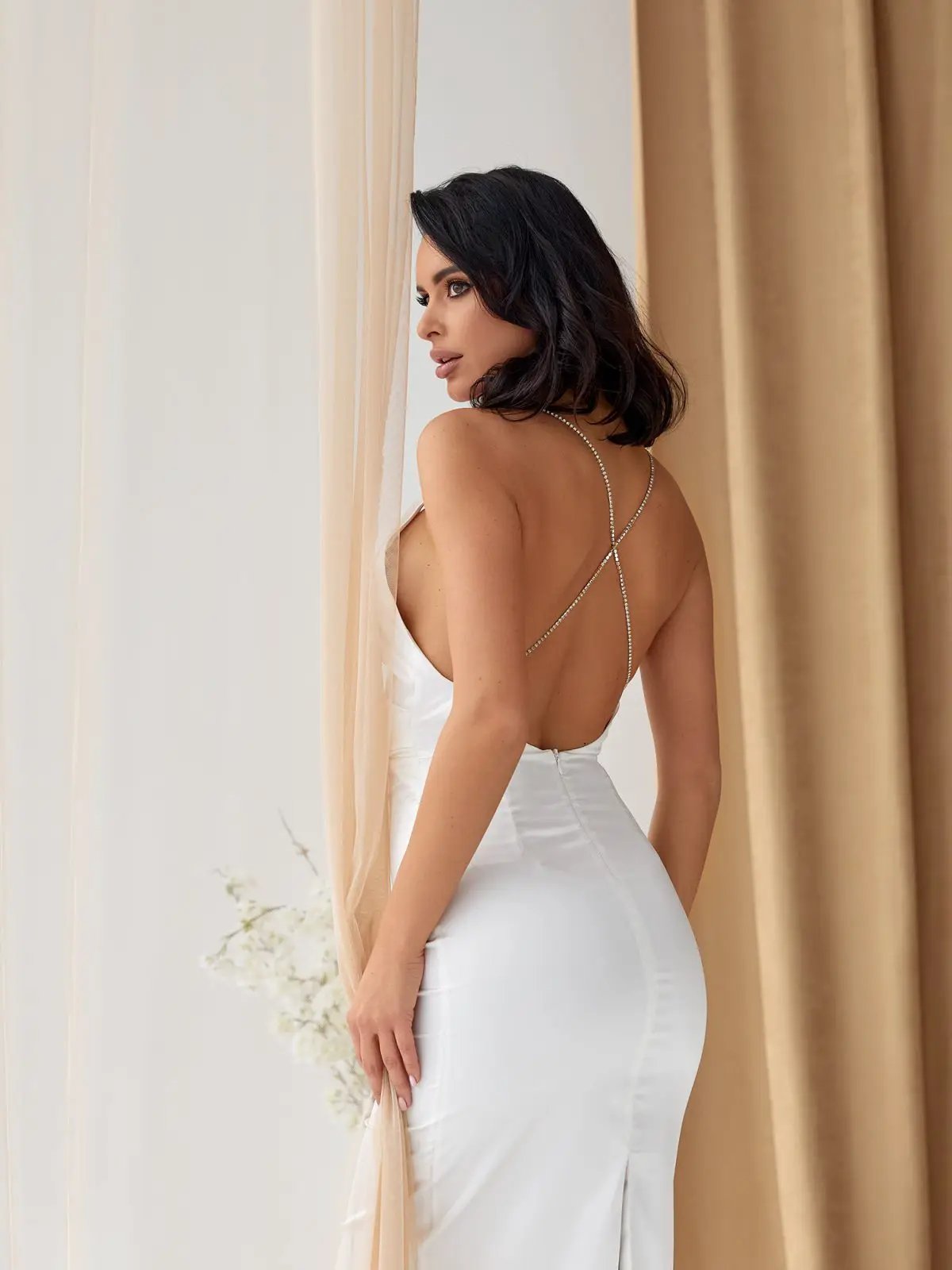 White Satin Midi Dress Women | V-Neck Open Back | GLOWSYOU by GLOWSYOU Women’s Fashion