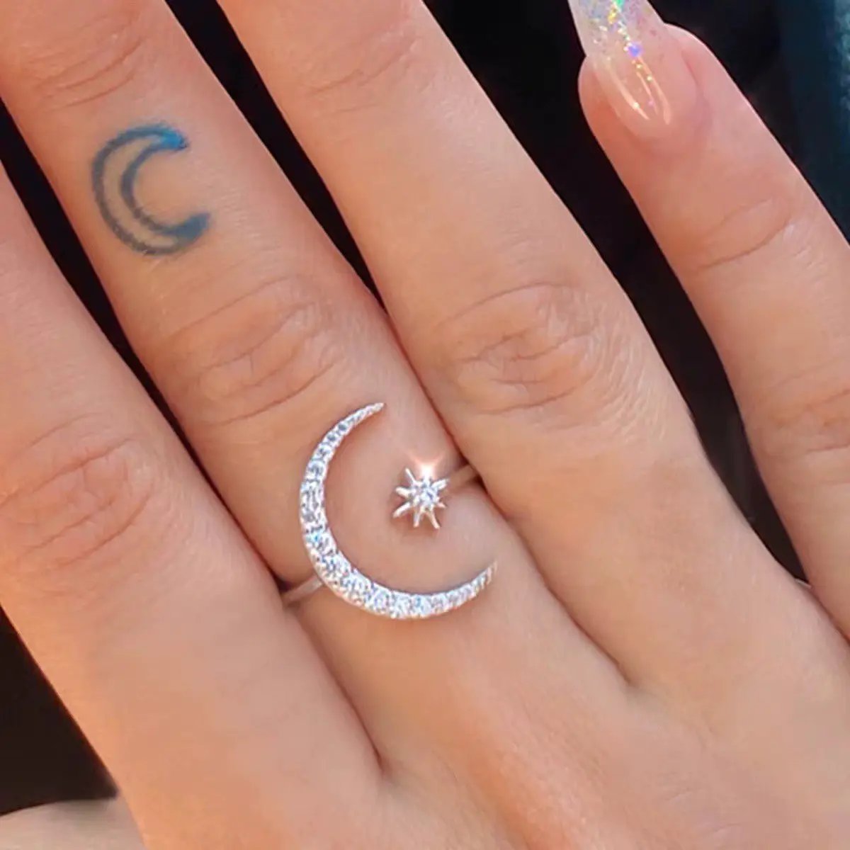 925 Sterling Silver Moon & Star Adjustable Ring – Sparkle Like the Night Sky by LAURRÈ Jewellery