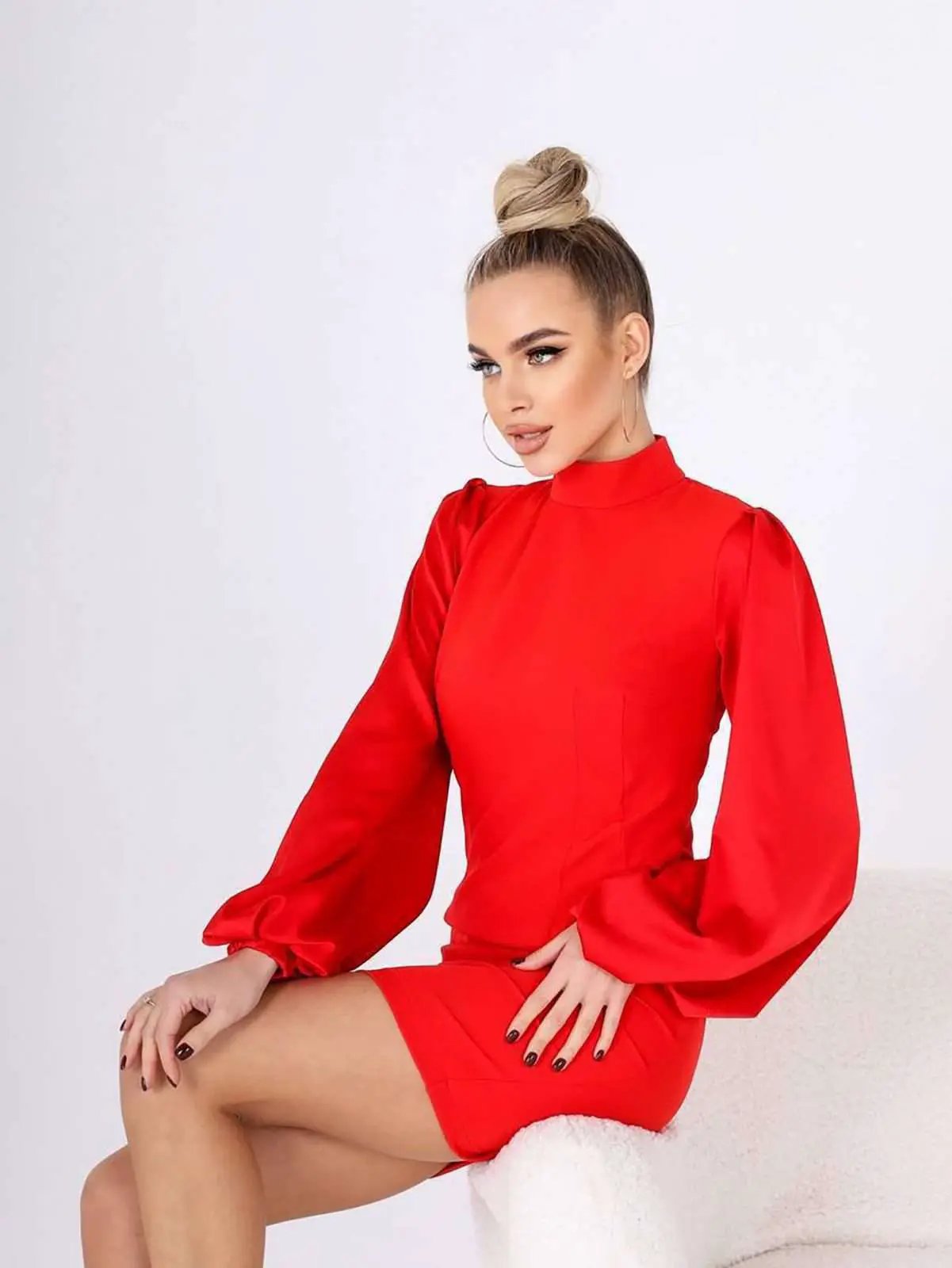 Mock Neck Puffed Satin Sleeve Body-con Mini Dress by GLOWSYOU Women’s Fashion