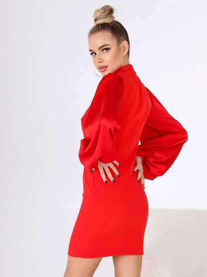 Mock Neck Puffed Satin Sleeve Body-con Mini Dress by GLOWSYOU Women’s Fashion