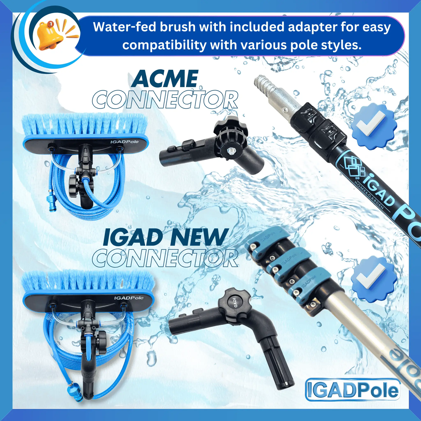 IGADPole 10"(25cm) Soft Bristle Water-Fed Brush Only, 30ft(10m) Long Light Hose, ACME and IGAD new Connector compatible (no pole included) by IGADPole