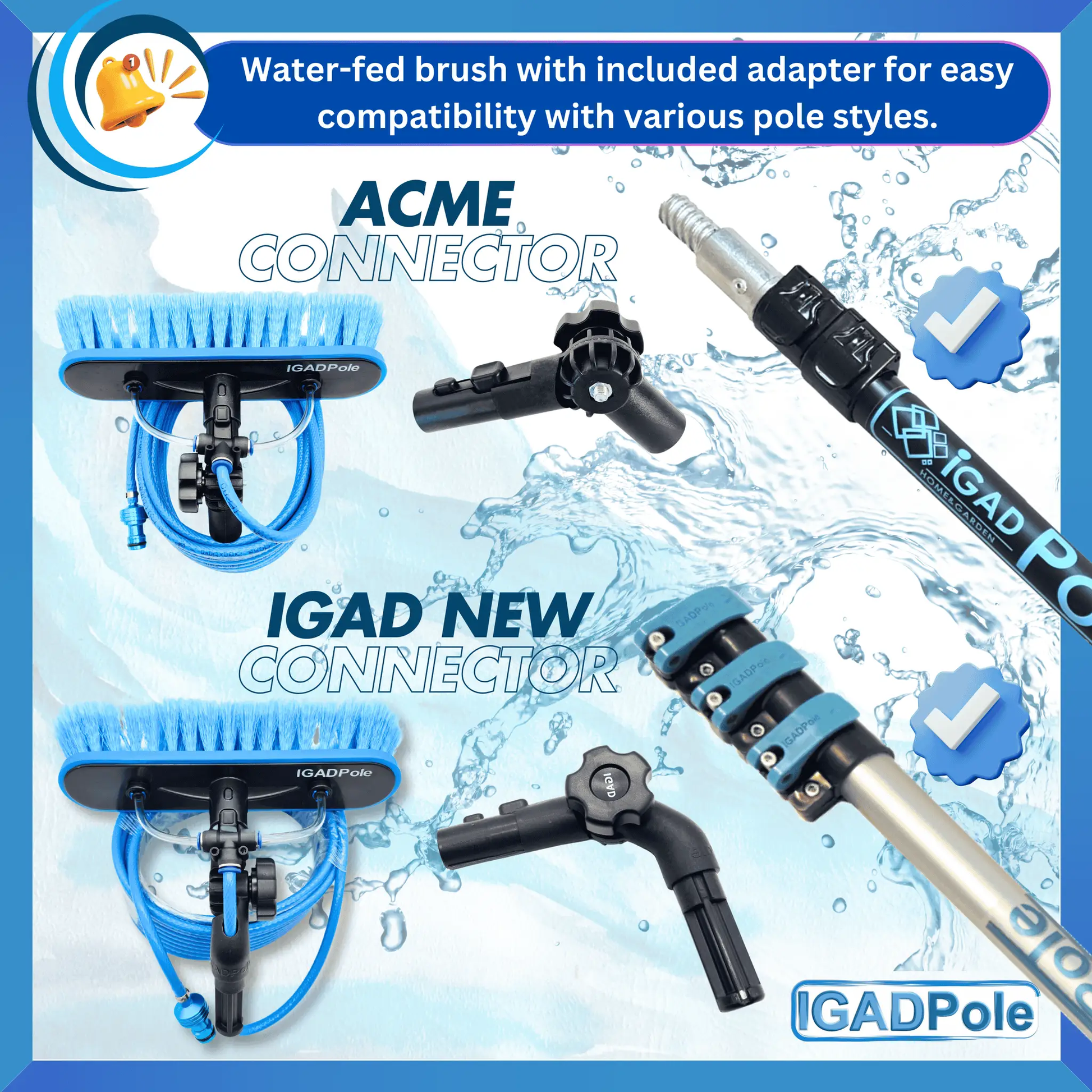 IGADPole 10"(25cm) Soft Bristle Water-Fed Brush Only, 30ft(10m) Long Light Hose, ACME and IGAD new Connector compatible (no pole included) by IGADPole