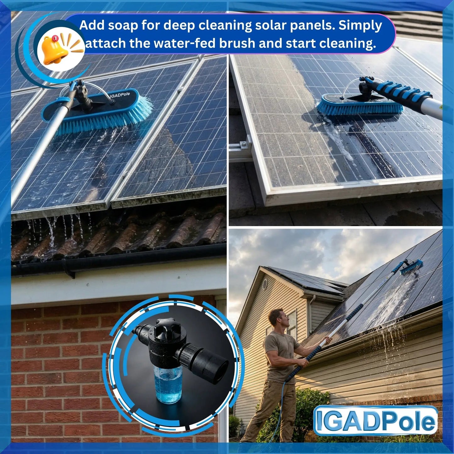 IGADPole 7m (24ft) Washing Kit: Water-fed Brush, Cobweb Duster and 10” Squeegee and Soap Dispenser, with 6-Stage Telescoping Pole 5-24ft (7m) Pole by IGADPole