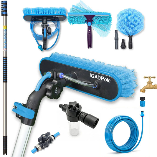 IGADPole 5m (17ft) Telescopic Window Cleaning Pole Kit with Water-Fed Brush, Squeegee & Cobweb Duster by IGADPole