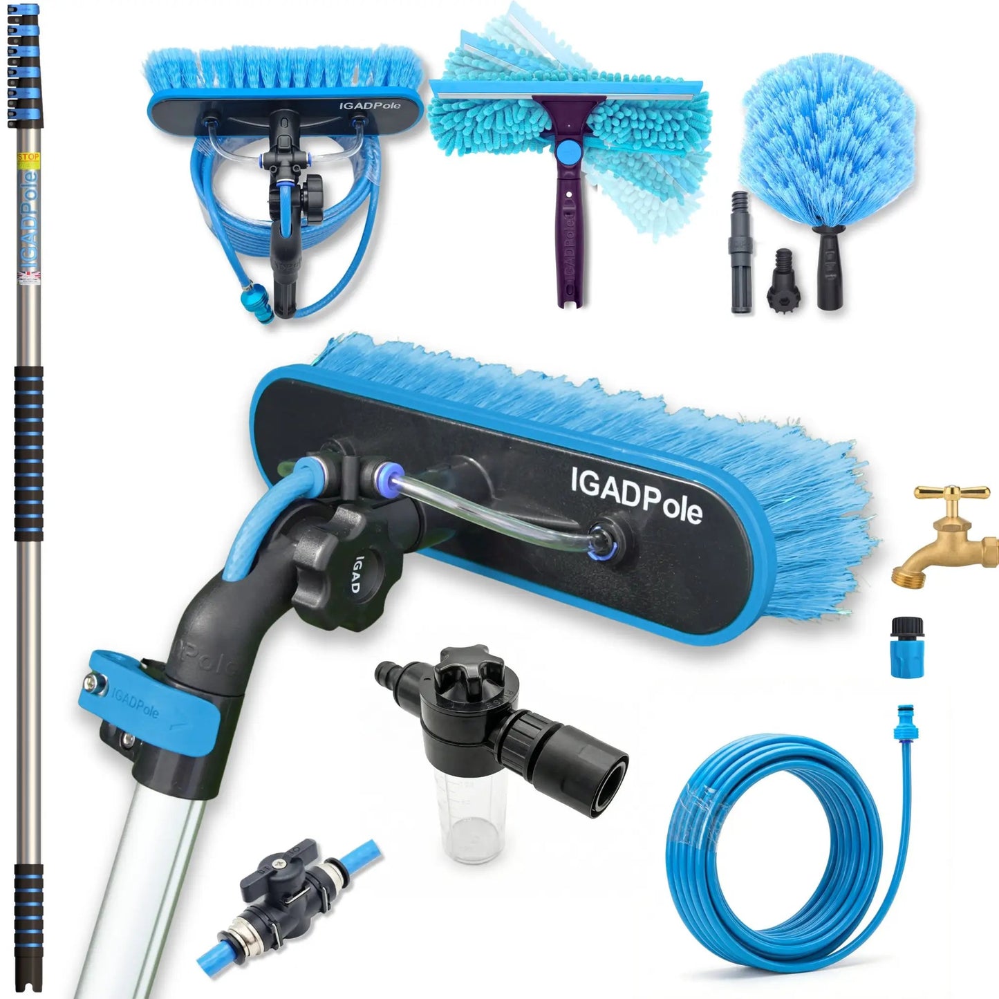 IGADPole 7m (24ft) Washing Kit: Water-fed Brush, Cobweb Duster and 10” Squeegee and Soap Dispenser, with 6-Stage Telescoping Pole 5-24ft (7m) Pole by IGADPole