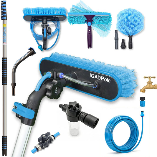 IGADPole 8.6m (28ft) Washing Kit: Water-fed Brush, Cobweb Duster and 10”(25cm) Squeegee and Soap Dispenser by IGADPole