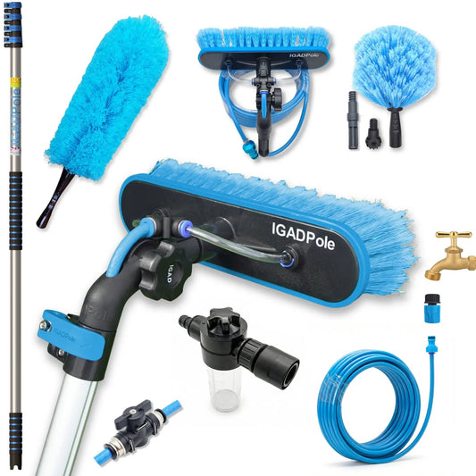 IGADPole 5m (17ft) Water-Fed Pole Cleaning Kit – Includes Water-fed Brush, Cobweb & Microfibre Duster, Soap Dispenser & Hose Tap by IGADPole