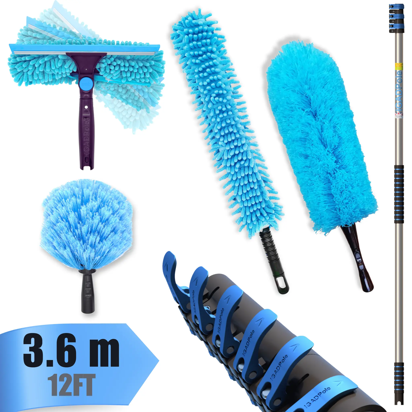 IGAD Pole 3.6m (12ft) Dusting Set: Extension Pole, Squeegee and 3 Dusting Attachments by IGADPole