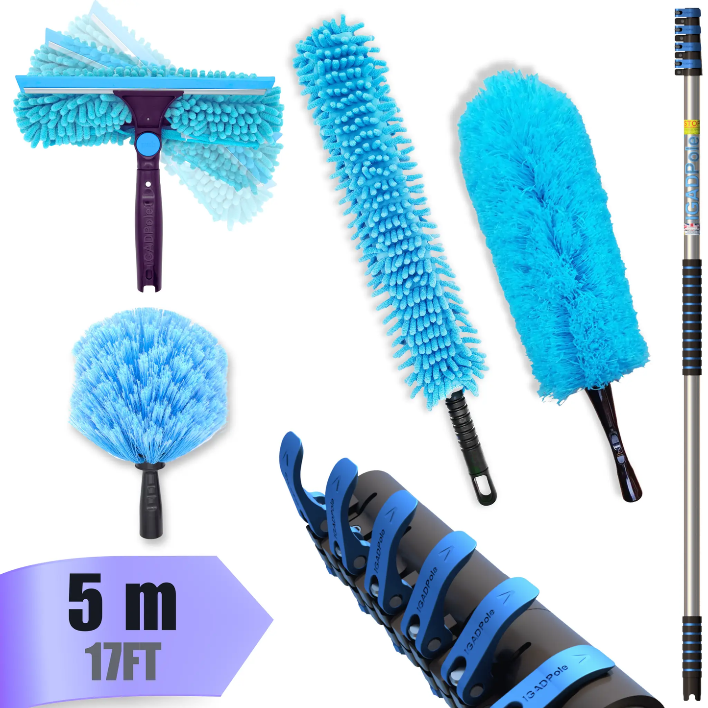 IGAD Pole 5m (17ft) Dusting Set: Extension Pole, Squeegee and 3 Dusting Attachments by IGADPole