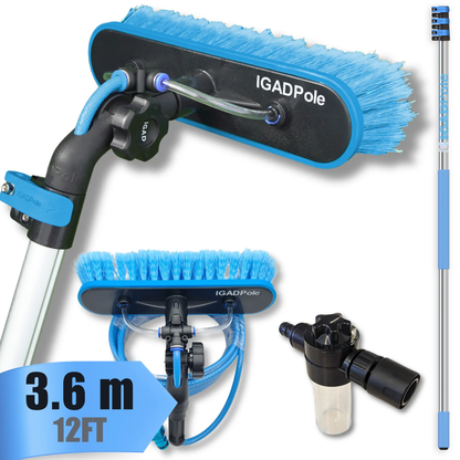 IGAD Pole 3.6m (12ft) Extension Pole Kit with Water-fed Brush and Hose, with 3-Stage Telescoping Pole 5-12ft Pole by IGADPole