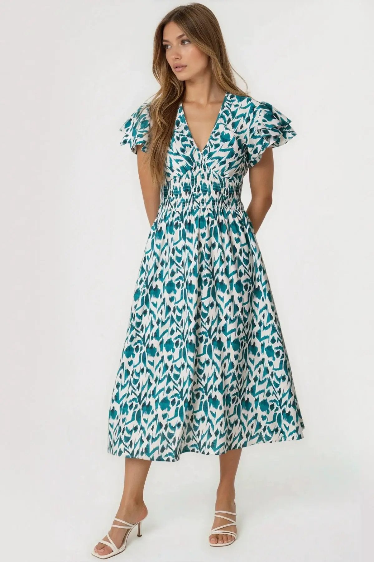 Teal Ikat Print Shirred V-Neck Midi Dress by Aftershock London