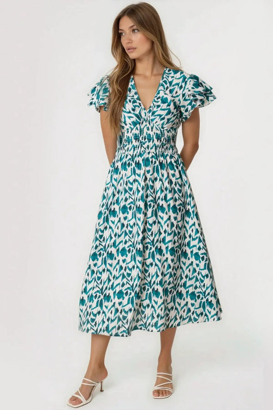 Teal Ikat Print Shirred V-Neck Midi Dress by Aftershock London