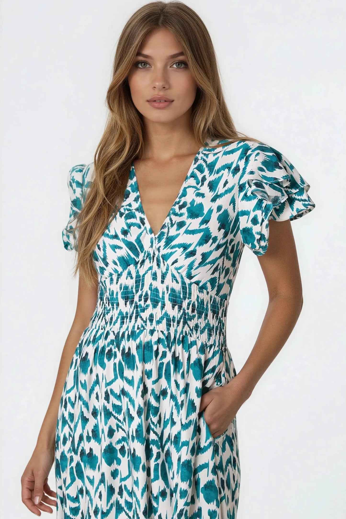 Teal Ikat Print Shirred V-Neck Midi Dress by Aftershock London