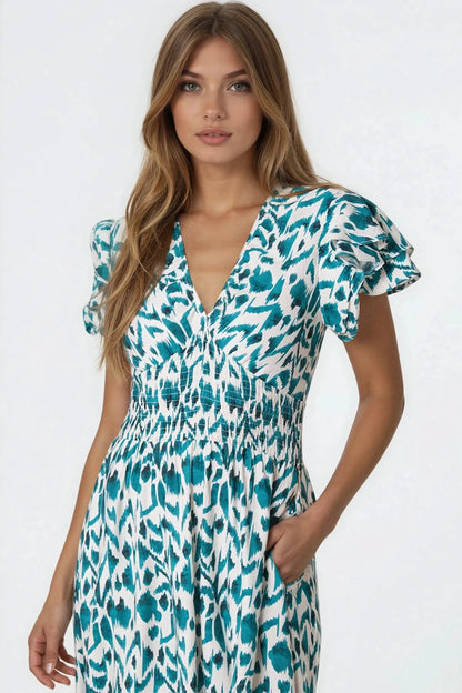 Teal Ikat Print Shirred V-Neck Midi Dress by Aftershock London
