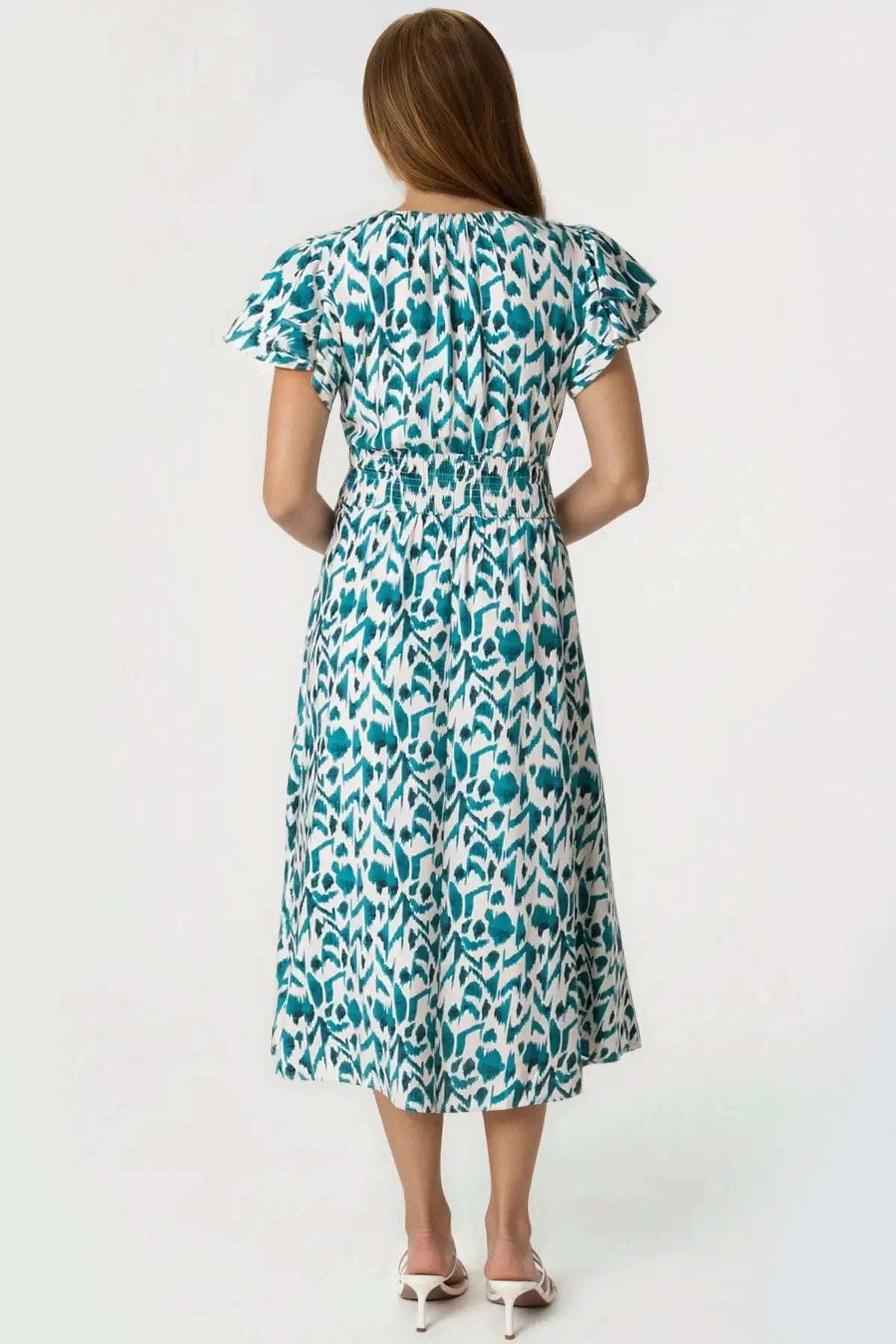 Teal Ikat Print Shirred V-Neck Midi Dress by Aftershock London