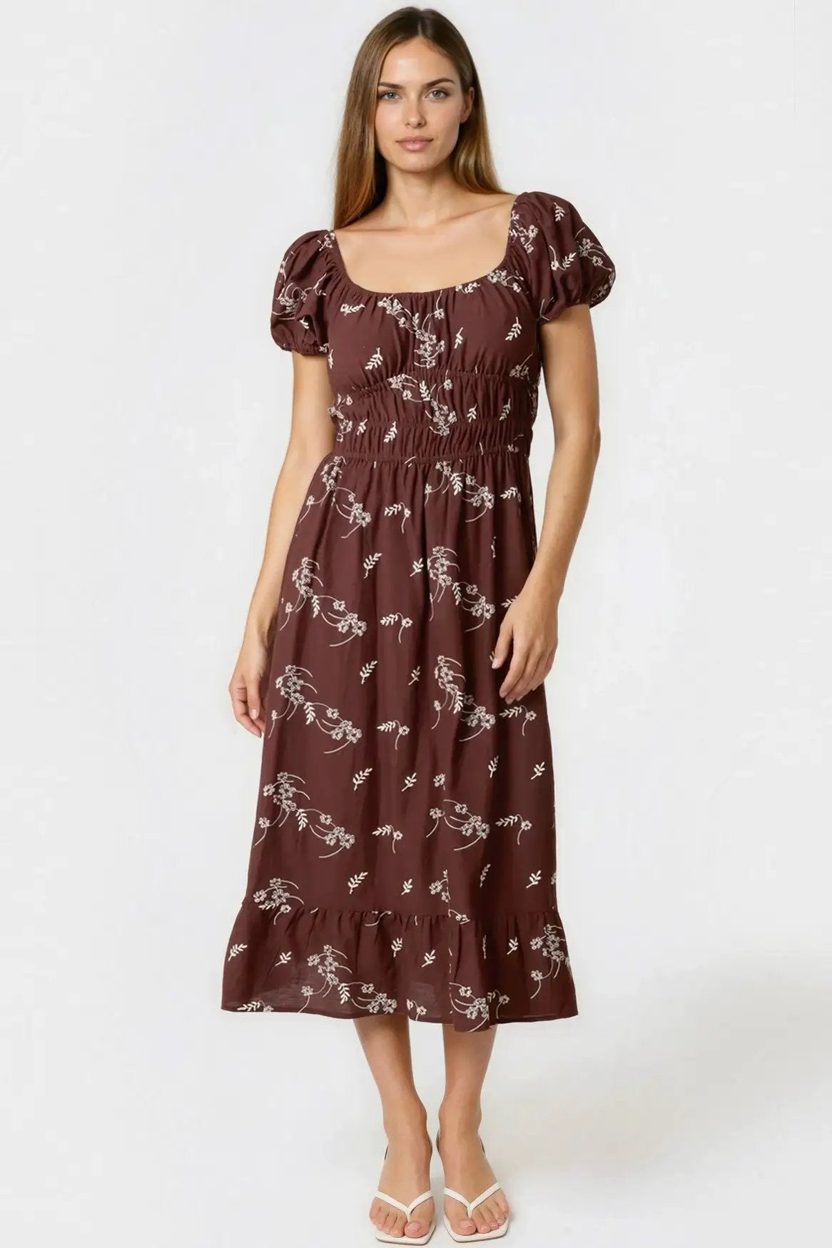Brown Embroidered Milkmaid Midi Dress by Aftershock London