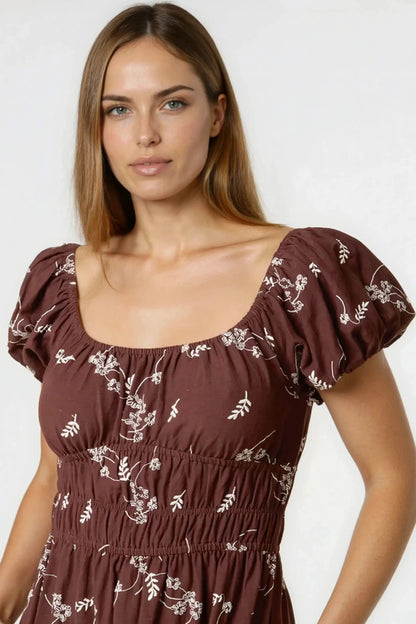 Brown Embroidered Milkmaid Midi Dress by Aftershock London