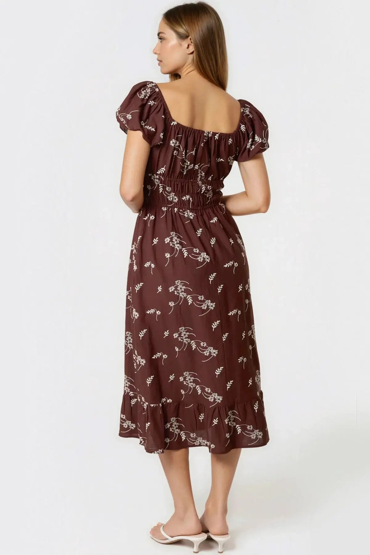Brown Embroidered Milkmaid Midi Dress by Aftershock London