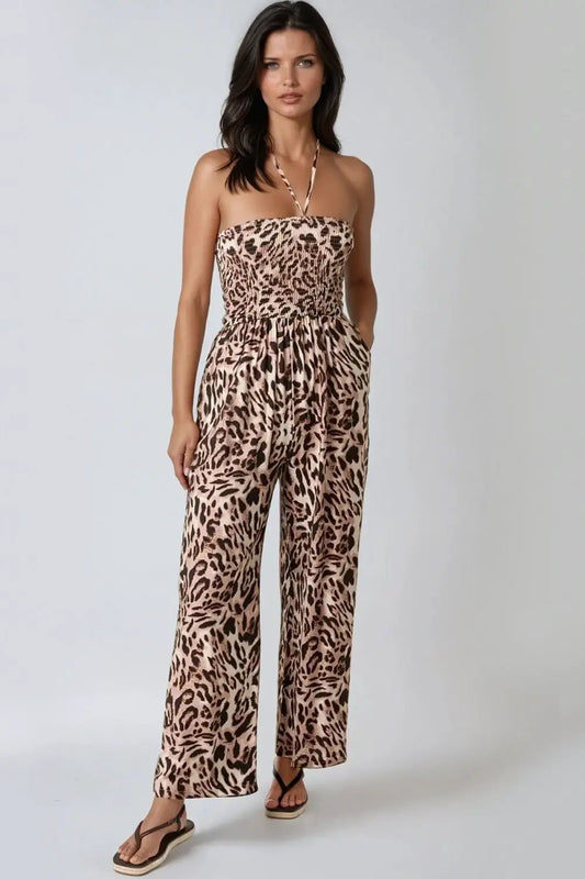 Leopard Print Shirred Jumpsuit by Aftershock London