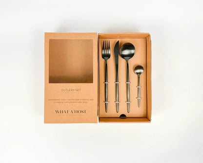 London Black Cutlery Set – 16 or 24 Piece Stainless Steel Matte Flatware by WHAT A HOST