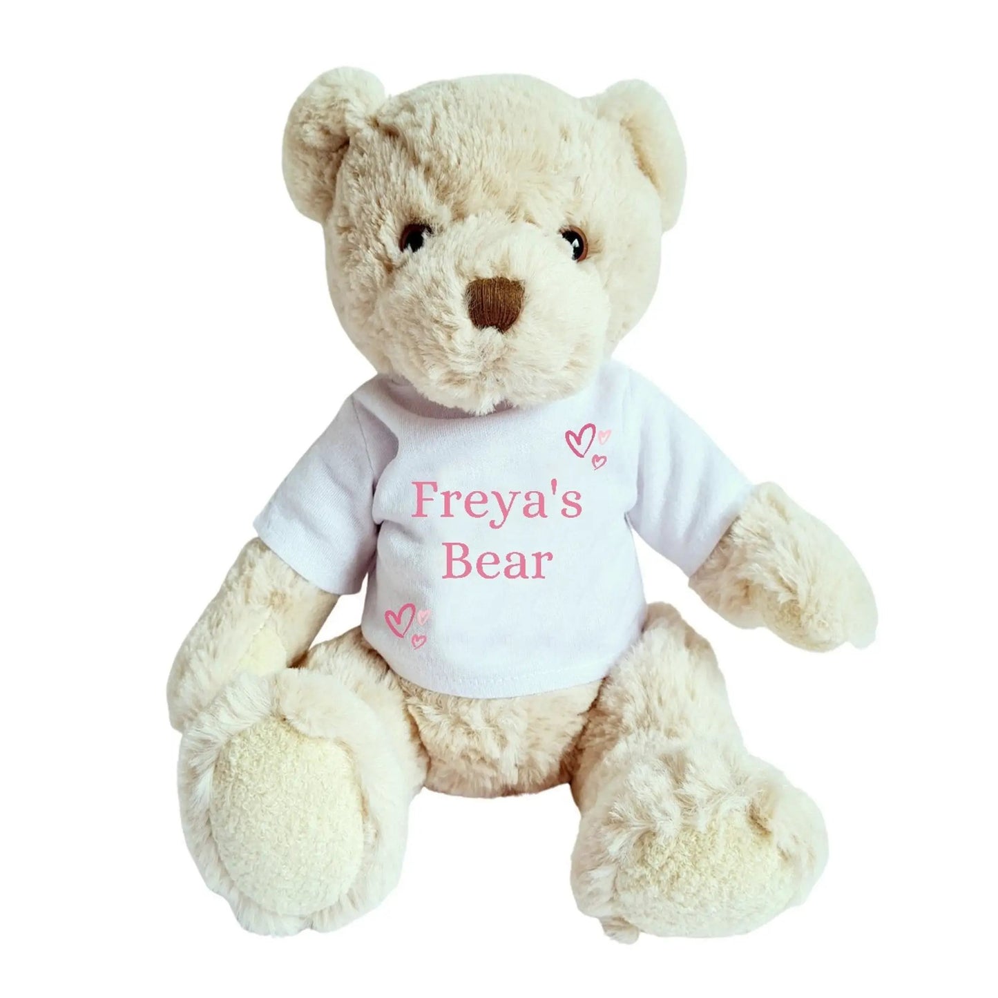 Teddy Bear with Personalised Pink Name Hearts T-Shirt by Aye Do Gifts