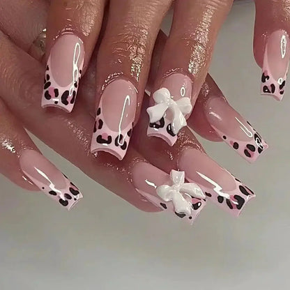 Mid Long Pink Leopard Press-On Nails with Bow by Cashymart
